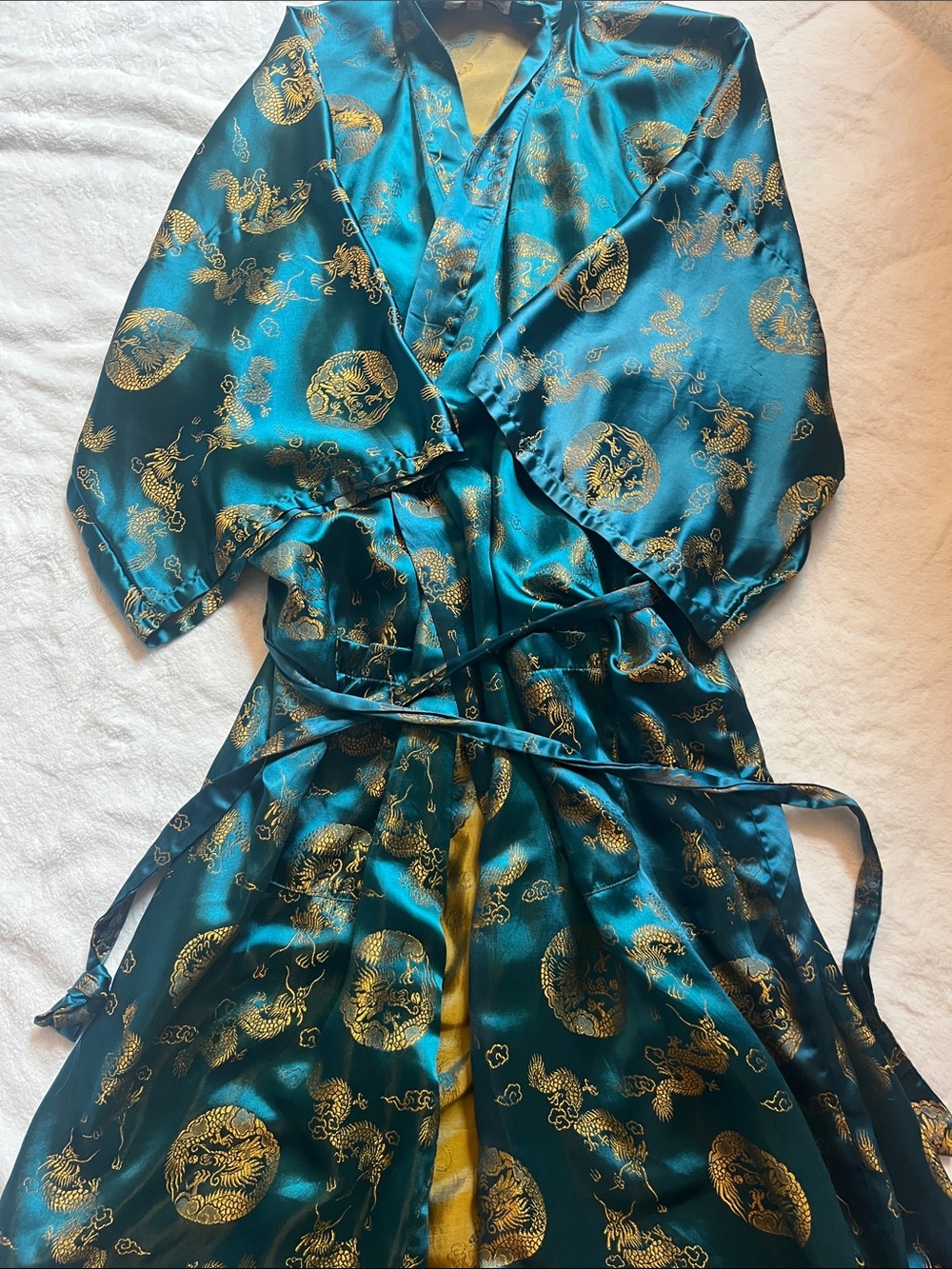 Teal Satin Dragon-Print Robe with Tie Waist